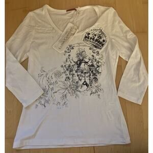 NWT Luisa Cerano V Neck Beaded White Graphic Top Gray Sz 8